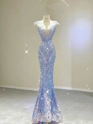 JazzHer Elegant Mermaid Scoop Neckline Sequin Blue Evening Dress Long Prom Dresses (PRE-ORDER)