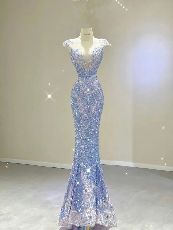 JazzHer Elegant Mermaid Scoop Neckline Sequin Blue Evening Dress Long Prom Dresses (PRE-ORDER)
