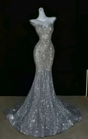 JazzHer Elegant Mermaid Scoop Neckline Silver Sequin Evening Dress Long Prom Dresses (PRE-ORDER)