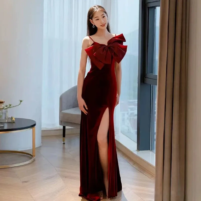 JazzHer Elegant Mermaid Spaghetti Straps Burgundy Long Prom Dress Evening Dresses (PRE-ORDER)