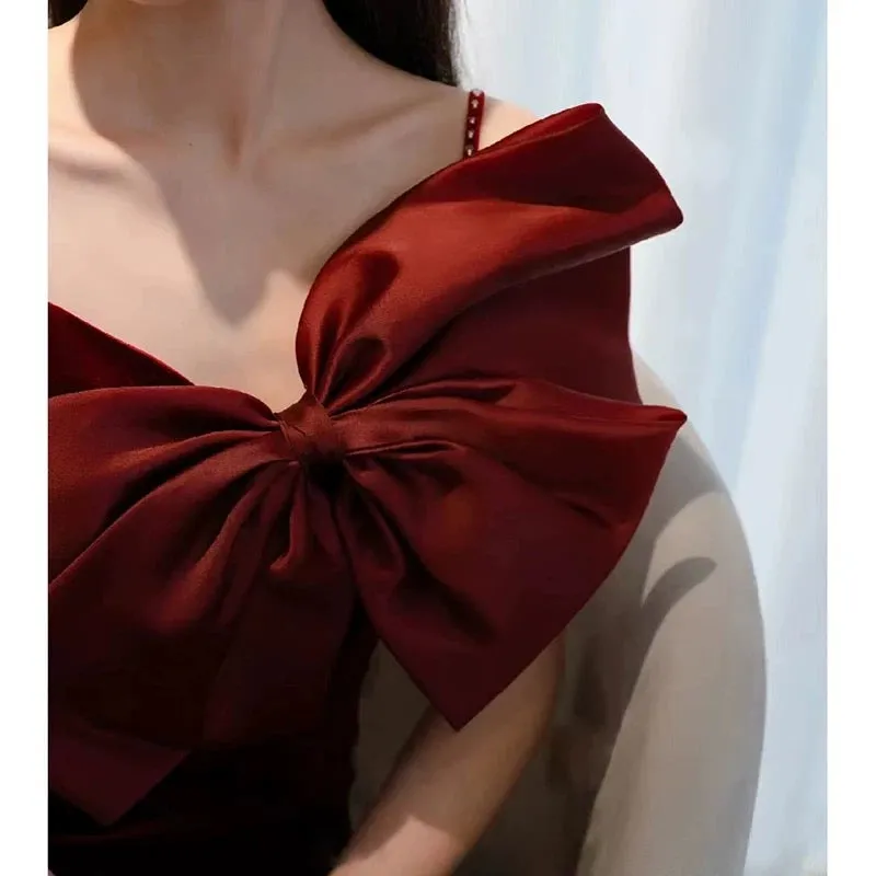 JazzHer Elegant Mermaid Spaghetti Straps Burgundy Long Prom Dress Evening Dresses (PRE-ORDER)