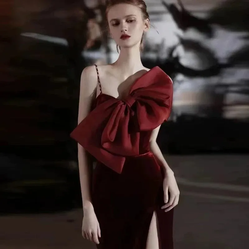 JazzHer Elegant Mermaid Spaghetti Straps Burgundy Long Prom Dress Evening Dresses (PRE-ORDER)