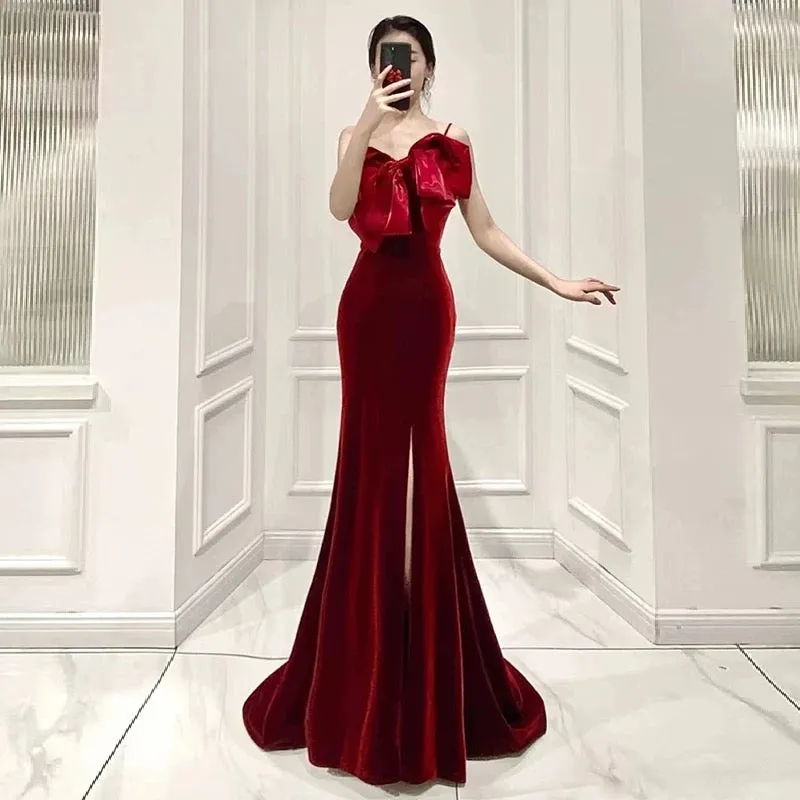 JazzHer Elegant Mermaid Spaghetti Straps Burgundy Long Prom Dress Evening Dresses (PRE-ORDER)