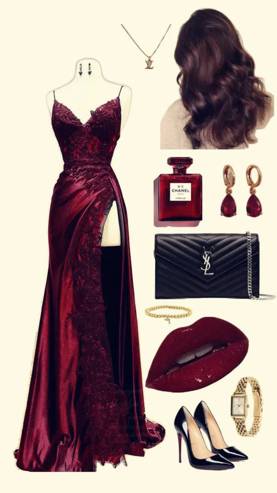 JazzHer Elegant Mermaid Spaghetti Straps Burgundy Satin Long Prom Dresses Beads Party Dress (PRE-ORDER)