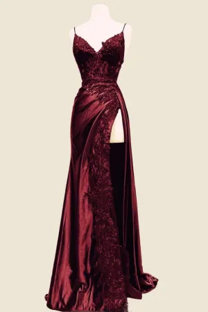 JazzHer Elegant Mermaid Spaghetti Straps Burgundy Satin Long Prom Dresses Beads Party Dress (PRE-ORDER)