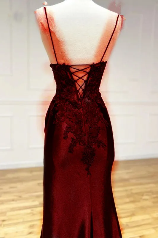 JazzHer Elegant Mermaid Spaghetti Straps Burgundy Satin Long Prom Dresses Beads Party Dress (PRE-ORDER)