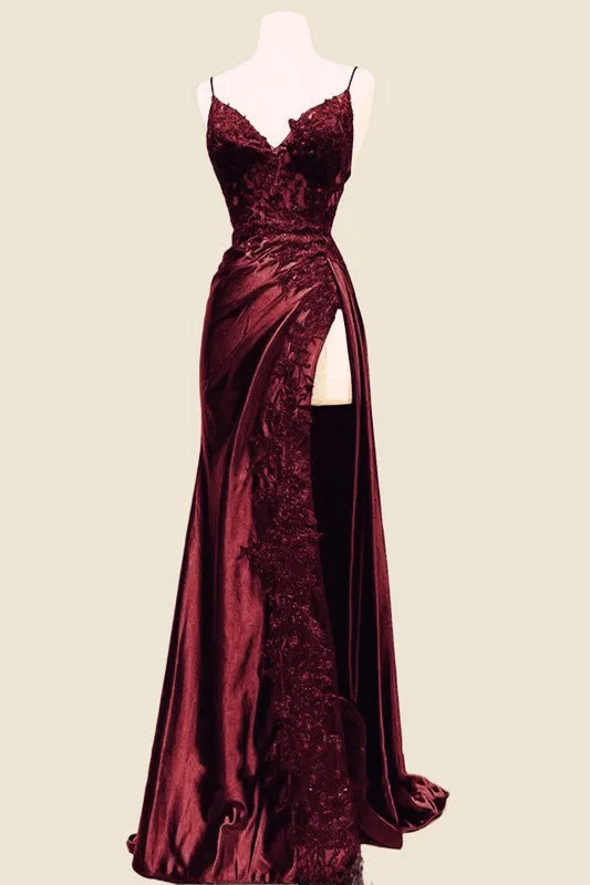 JazzHer Elegant Mermaid Spaghetti Straps Burgundy Satin Long Prom Dresses Beads Party Dress (PRE-ORDER)
