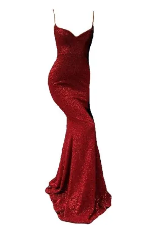 JazzHer Elegant Mermaid Spaghetti Straps Burgundy Sequin Long Prom Dresses Party Dress (PRE-ORDER)