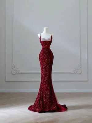 JazzHer Elegant Mermaid Spaghetti Straps Burgundy Sequin Long Prom Dresses Party Dress With Beads (PRE-ORDER)