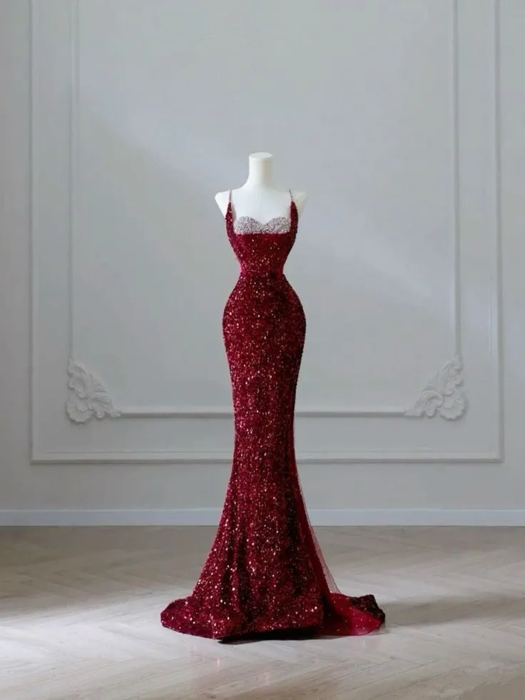 JazzHer Elegant Mermaid Spaghetti Straps Burgundy Sequin Long Prom Dresses Party Dress With Beads (PRE-ORDER)