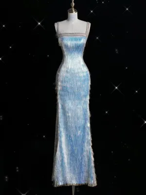 JazzHer Elegant Mermaid Spaghetti Straps Tassel Blue Long Prom Dresses Formal Dress (PRE-ORDER)