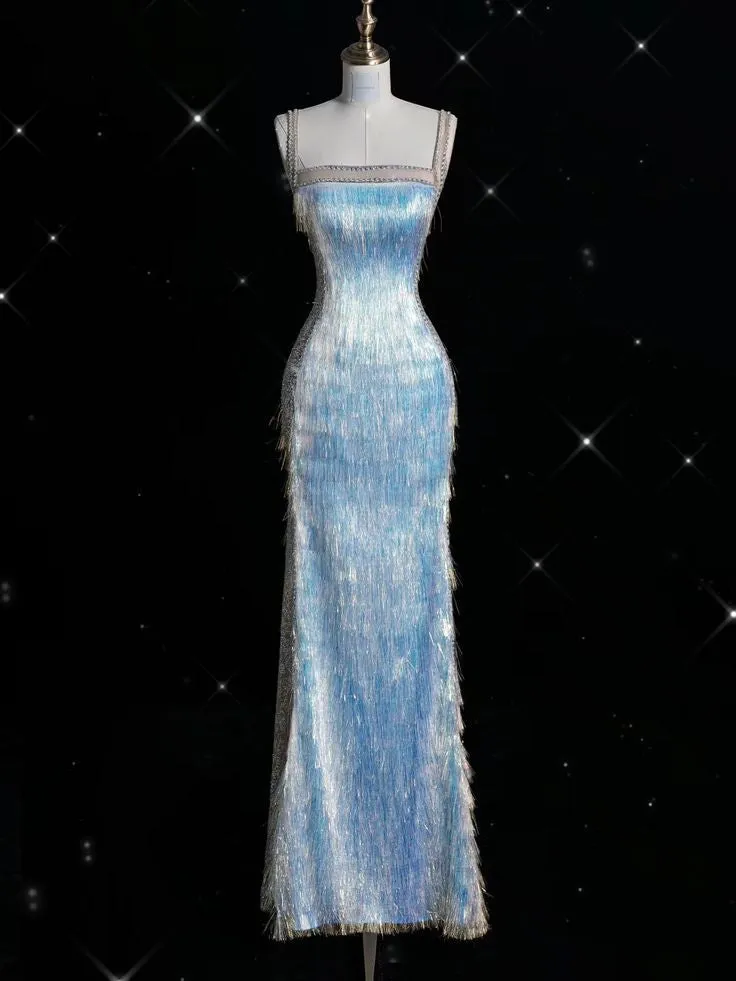 JazzHer Elegant Mermaid Spaghetti Straps Tassel Blue Long Prom Dresses Formal Dress (PRE-ORDER)