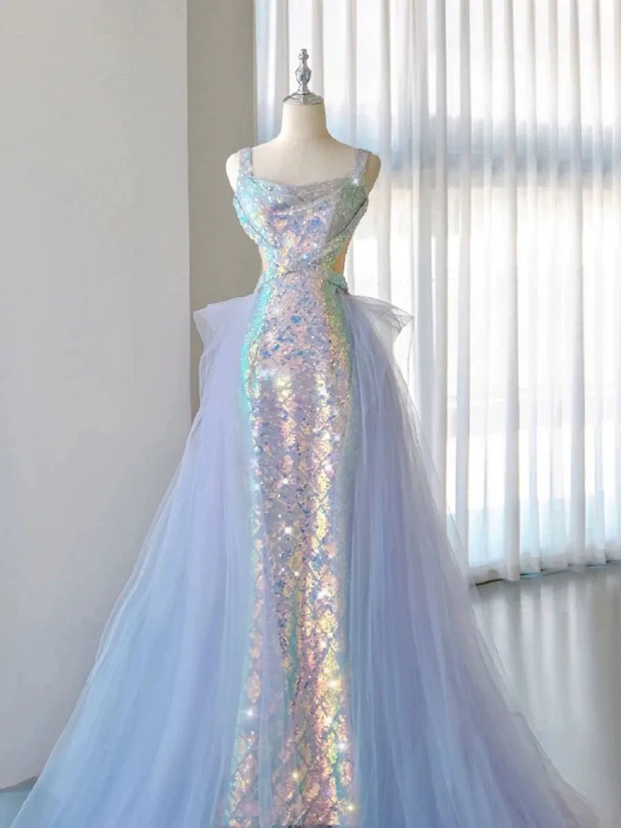 JazzHer Elegant Mermaid Square Neckline Blue Sequin Long Prom Dress Evening Dresses (PRE-ORDER)
