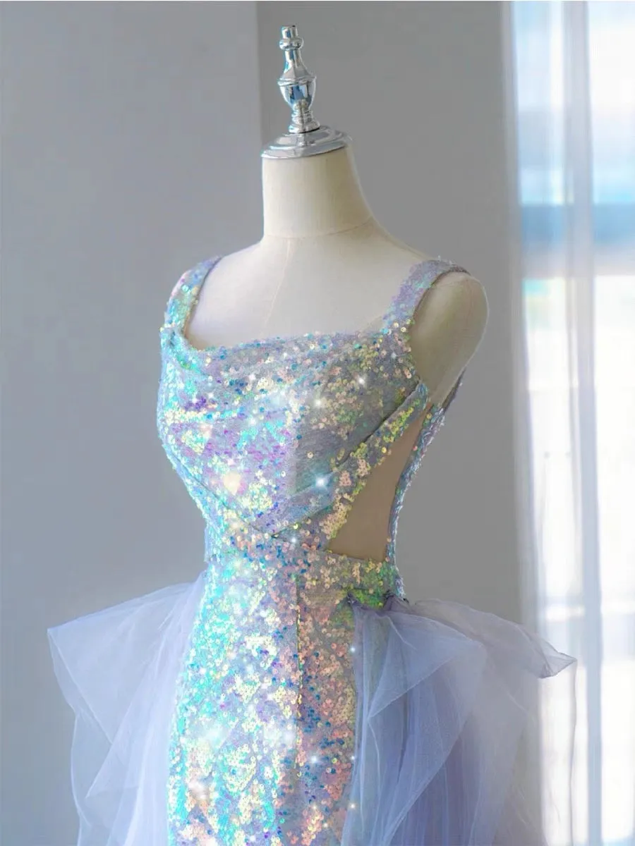 JazzHer Elegant Mermaid Square Neckline Blue Sequin Long Prom Dress Evening Dresses (PRE-ORDER)