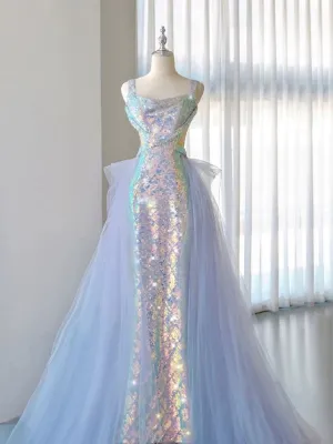 JazzHer Elegant Mermaid Square Neckline Blue Sequin Long Prom Dress Evening Dresses (PRE-ORDER)