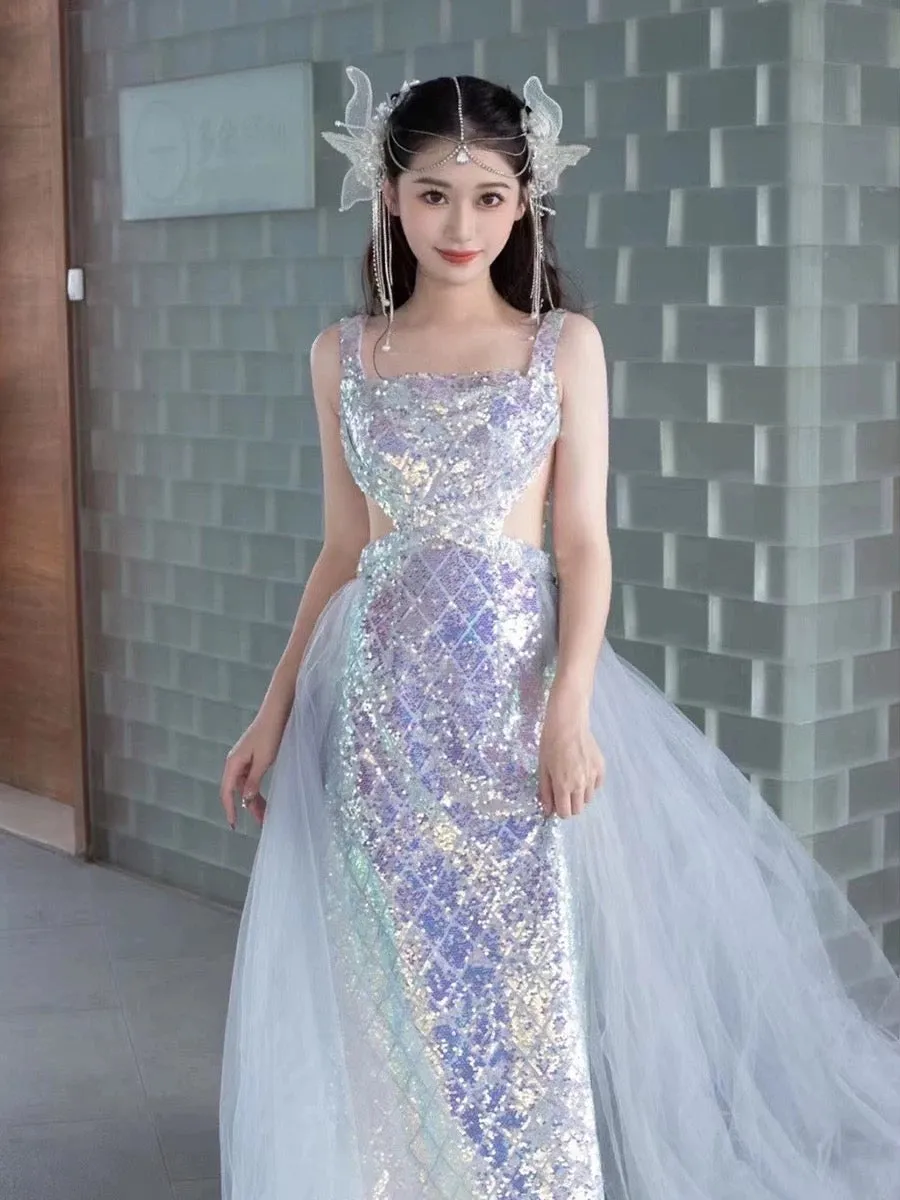 JazzHer Elegant Mermaid Square Neckline Blue Sequin Long Prom Dress Evening Dresses (PRE-ORDER)