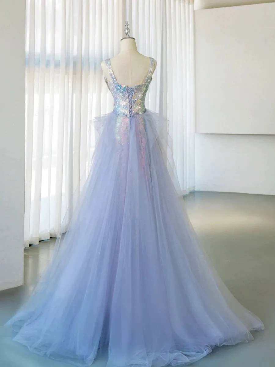 JazzHer Elegant Mermaid Square Neckline Blue Sequin Long Prom Dress Evening Dresses (PRE-ORDER)