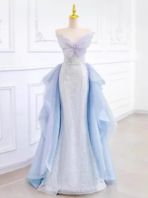 JazzHer Elegant Mermaid Strapless Neckline Blue Sequin Long Prom Dress Evening Dresses (PRE-ORDER)