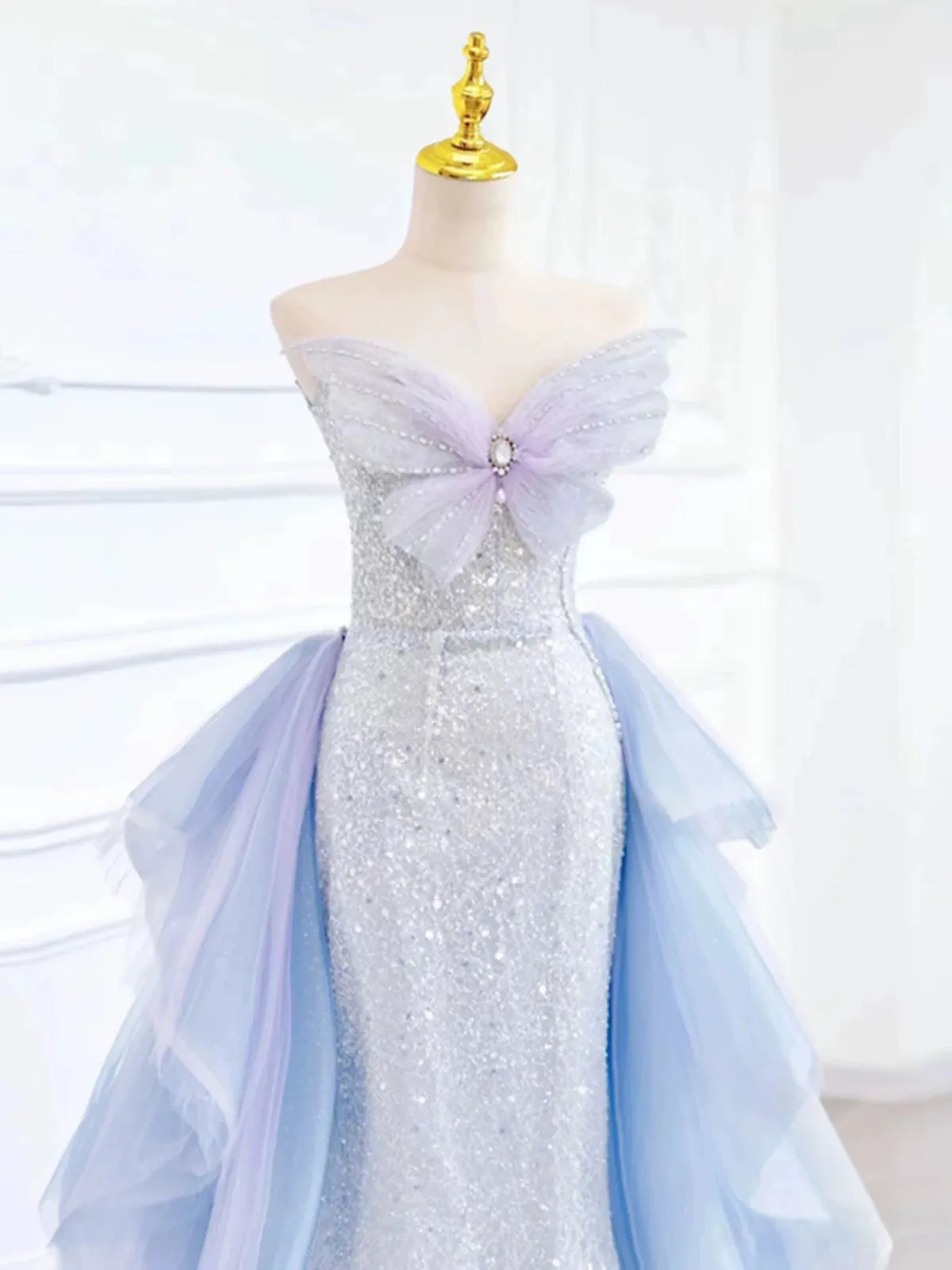JazzHer Elegant Mermaid Strapless Neckline Blue Sequin Long Prom Dress Evening Dresses (PRE-ORDER)