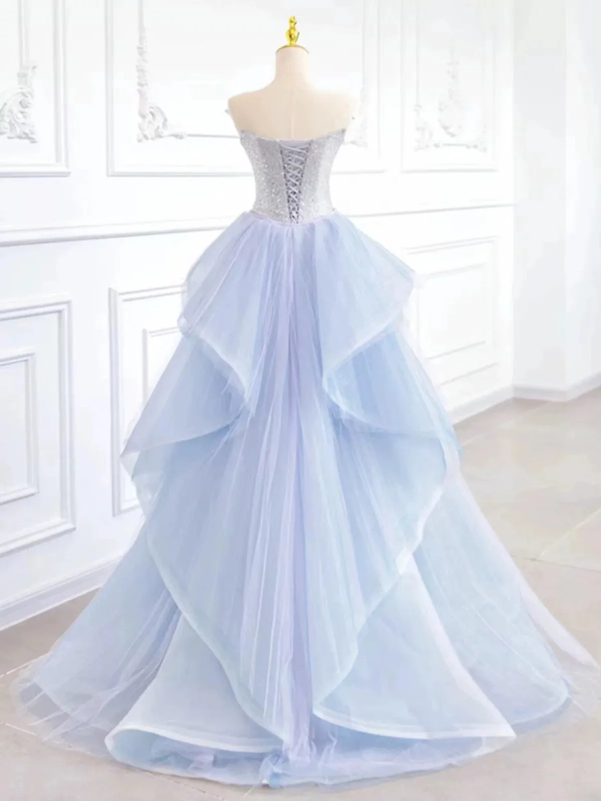 JazzHer Elegant Mermaid Strapless Neckline Blue Sequin Long Prom Dress Evening Dresses (PRE-ORDER)