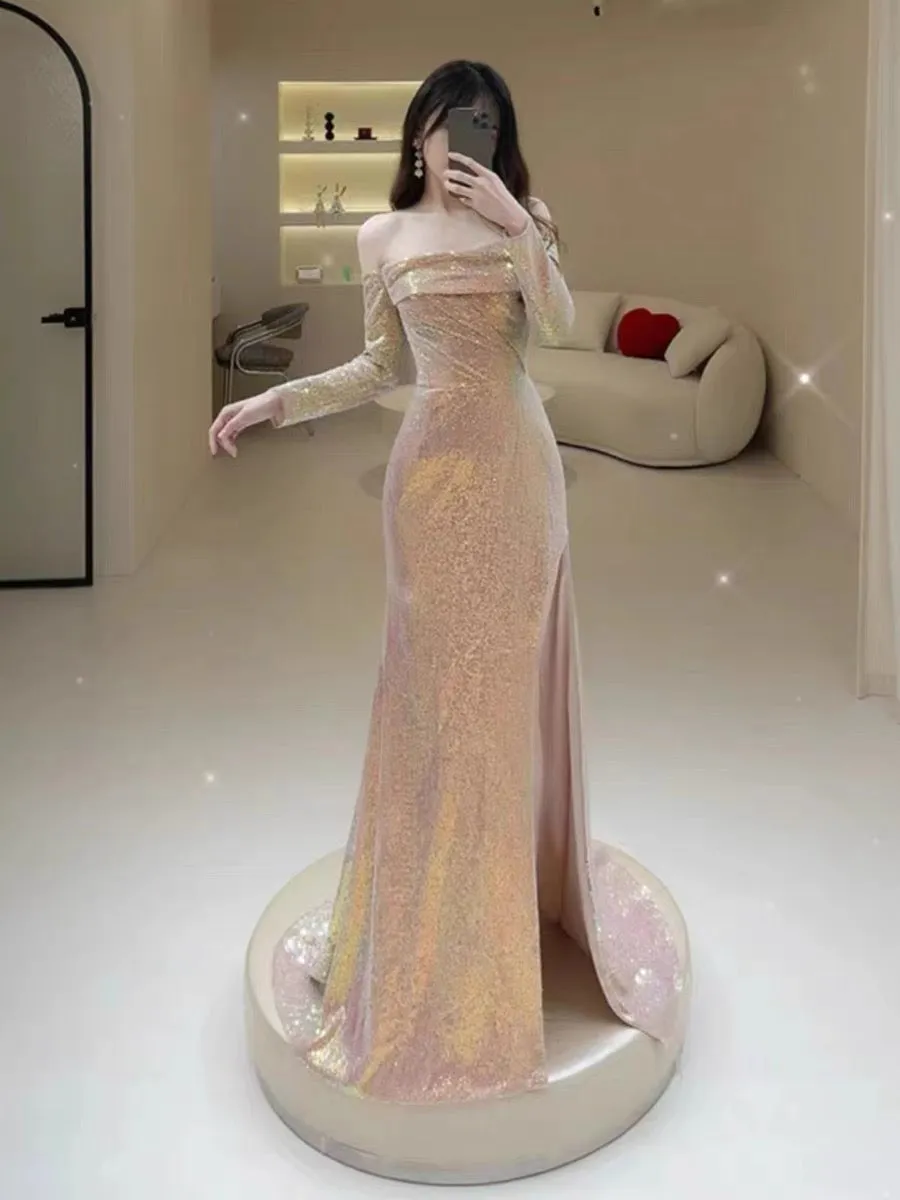JazzHer Elegant Mermaid Strapless Pink Slit Sequin Long Prom Dress Evening Dresses (PRE-ORDER)