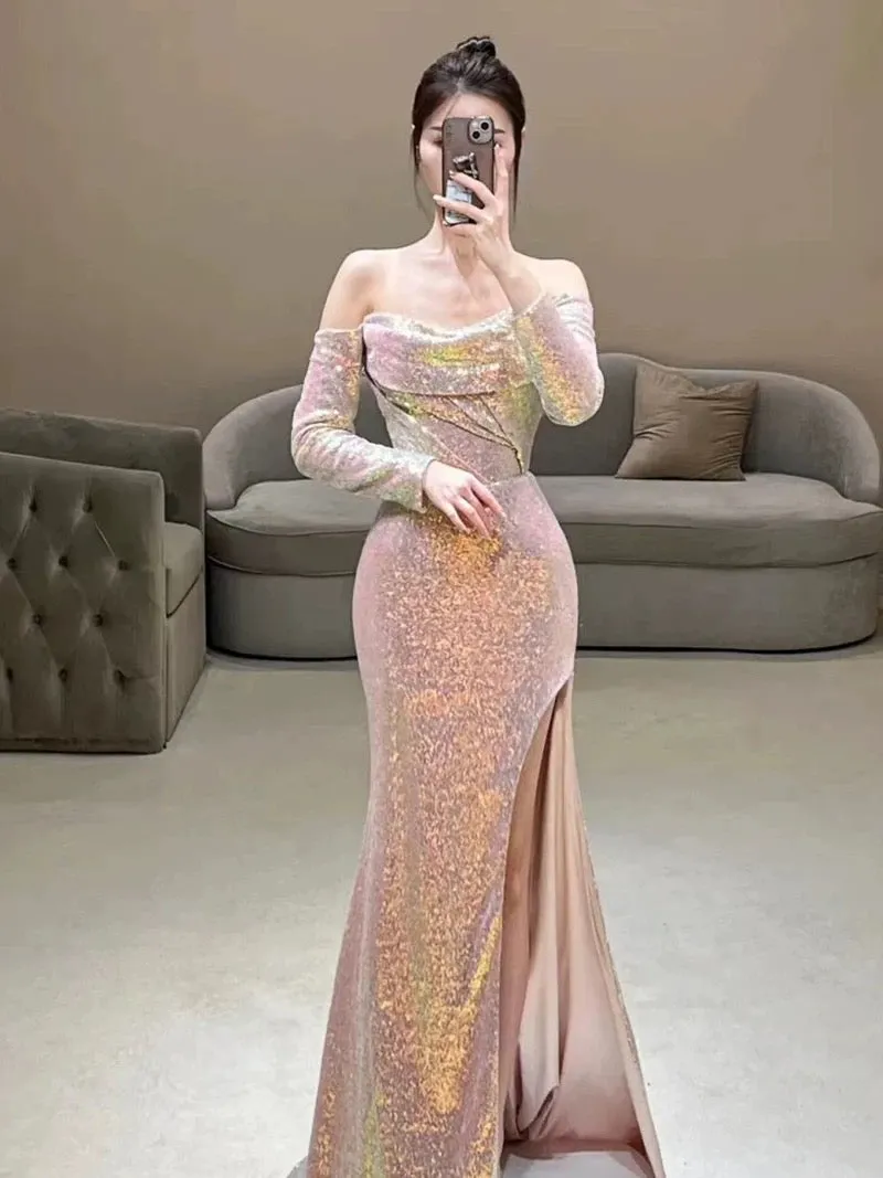JazzHer Elegant Mermaid Strapless Pink Slit Sequin Long Prom Dress Evening Dresses (PRE-ORDER)