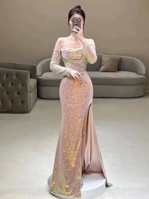 JazzHer Elegant Mermaid Strapless Pink Slit Sequin Long Prom Dress Evening Dresses (PRE-ORDER)