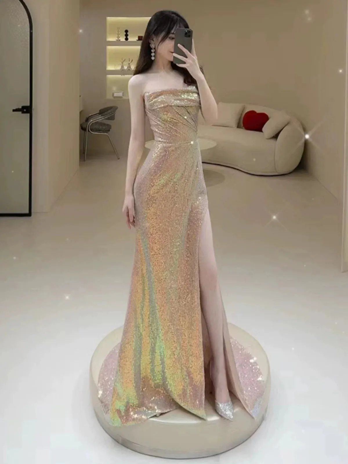 JazzHer Elegant Mermaid Strapless Pink Slit Sequin Long Prom Dress Evening Dresses (PRE-ORDER)