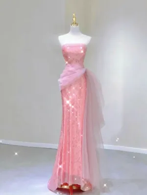 JazzHer Elegant Mermaid Strapless Pink Tulle Long Prom Dresses Party Dresses (PRE-ORDER)