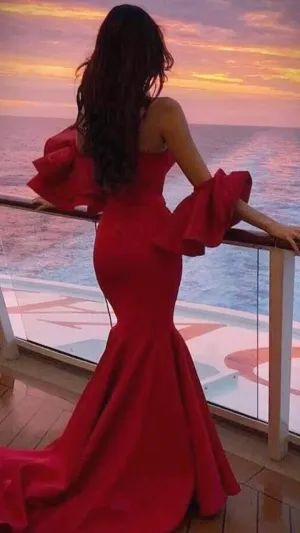 JazzHer Elegant Mermaid Strapless Red Satin Long Prom Dress Evening Dresses With Sleeves (PRE-ORDER)
