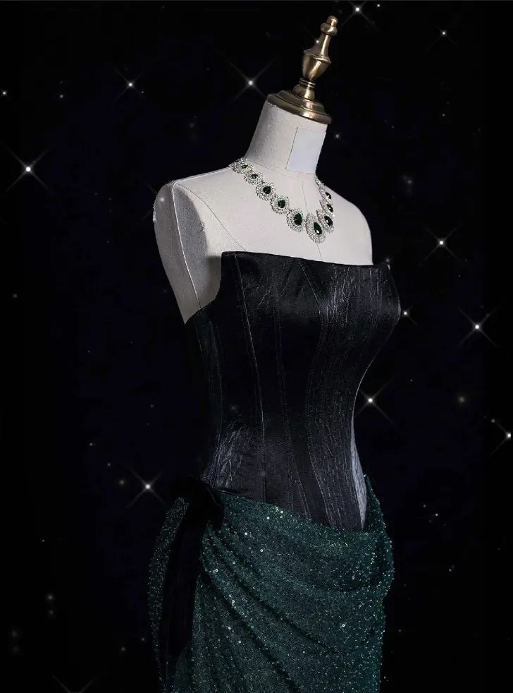JazzHer Elegant Mermaid Strapless Sequin Green Long Prom Dresses Evening Dress (PRE-ORDER)
