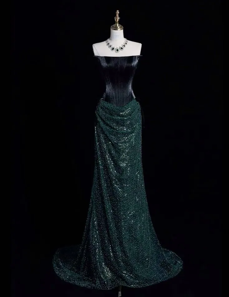 JazzHer Elegant Mermaid Strapless Sequin Green Long Prom Dresses Evening Dress (PRE-ORDER)