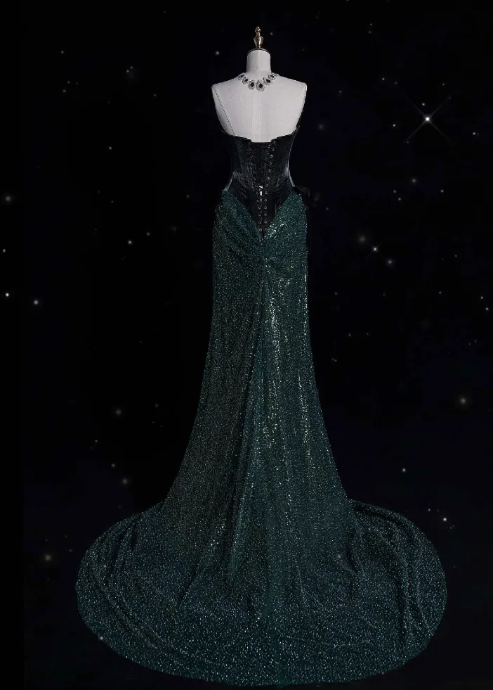 JazzHer Elegant Mermaid Strapless Sequin Green Long Prom Dresses Evening Dress (PRE-ORDER)