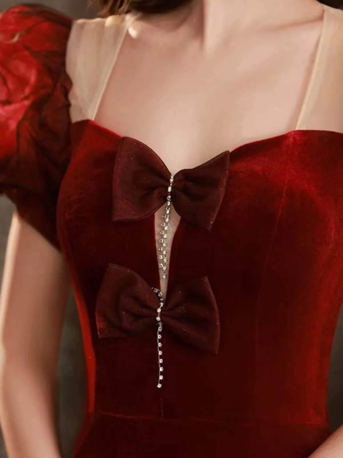 JazzHer Elegant Mermaid Sweetheart Burgundy Short Sleeves Long Prom Dress Evening Dresses (PRE-ORDER)