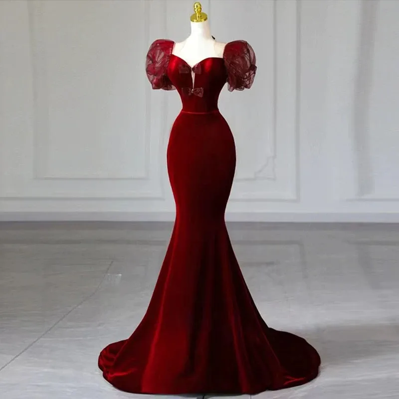 JazzHer Elegant Mermaid Sweetheart Burgundy Short Sleeves Long Prom Dress Evening Dresses (PRE-ORDER)