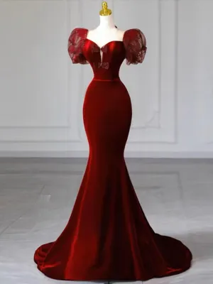 JazzHer Elegant Mermaid Sweetheart Burgundy Short Sleeves Long Prom Dress Evening Dresses (PRE-ORDER)