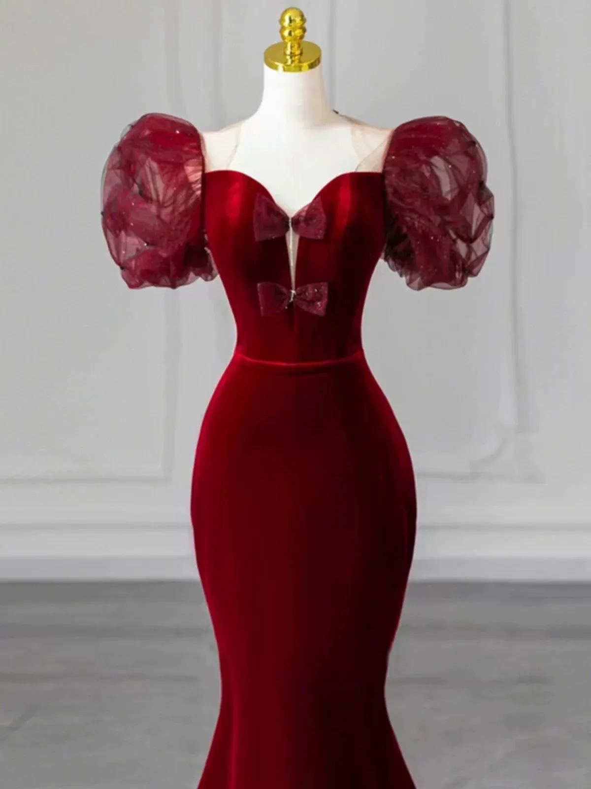JazzHer Elegant Mermaid Sweetheart Burgundy Short Sleeves Long Prom Dress Evening Dresses (PRE-ORDER)