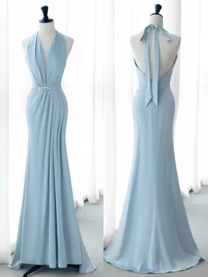 JazzHer Elegant Mermaid V Neckline Blue Backless Pearls Long Prom Dress Evening Dresses (PRE-ORDER)