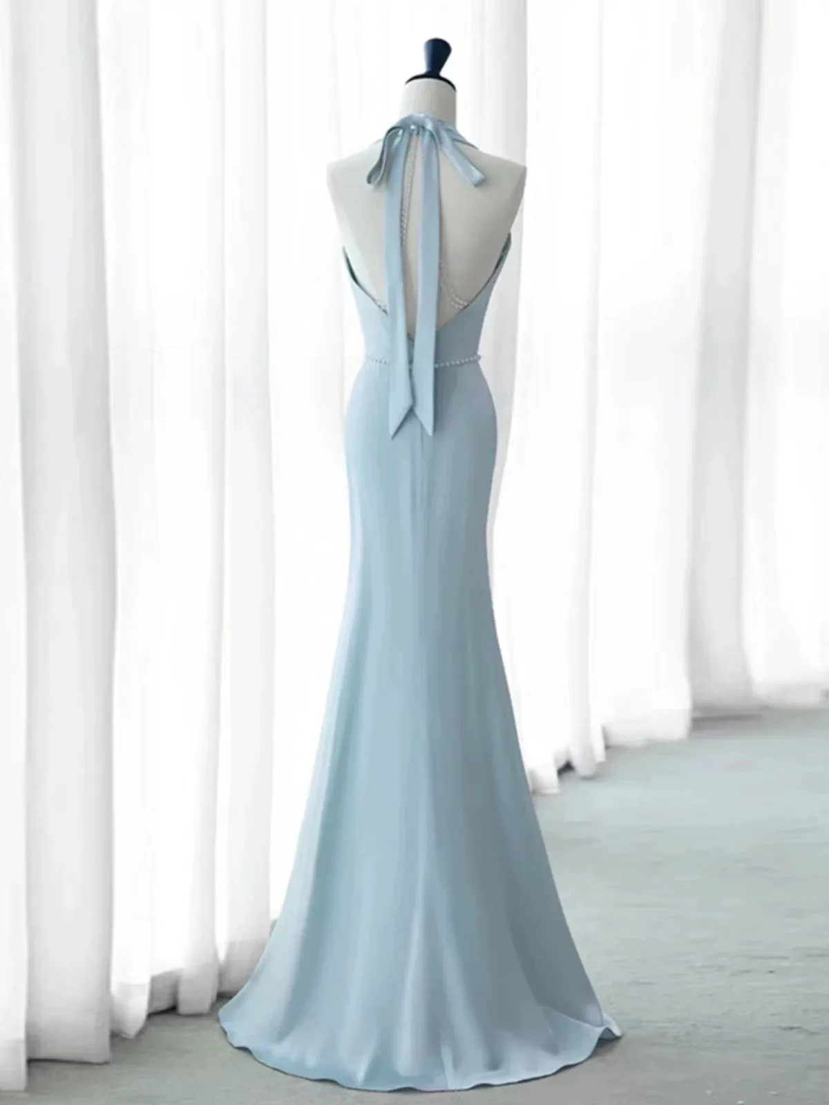 JazzHer Elegant Mermaid V Neckline Blue Backless Pearls Long Prom Dress Evening Dresses (PRE-ORDER)