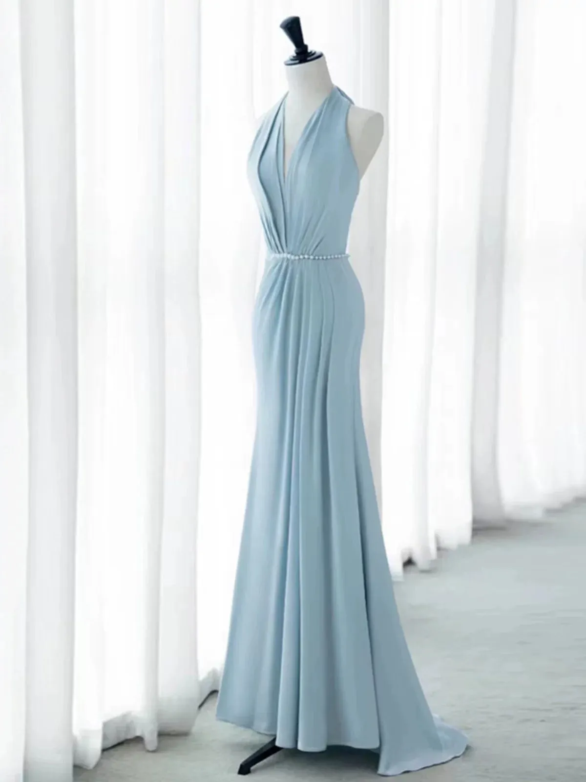 JazzHer Elegant Mermaid V Neckline Blue Backless Pearls Long Prom Dress Evening Dresses (PRE-ORDER)