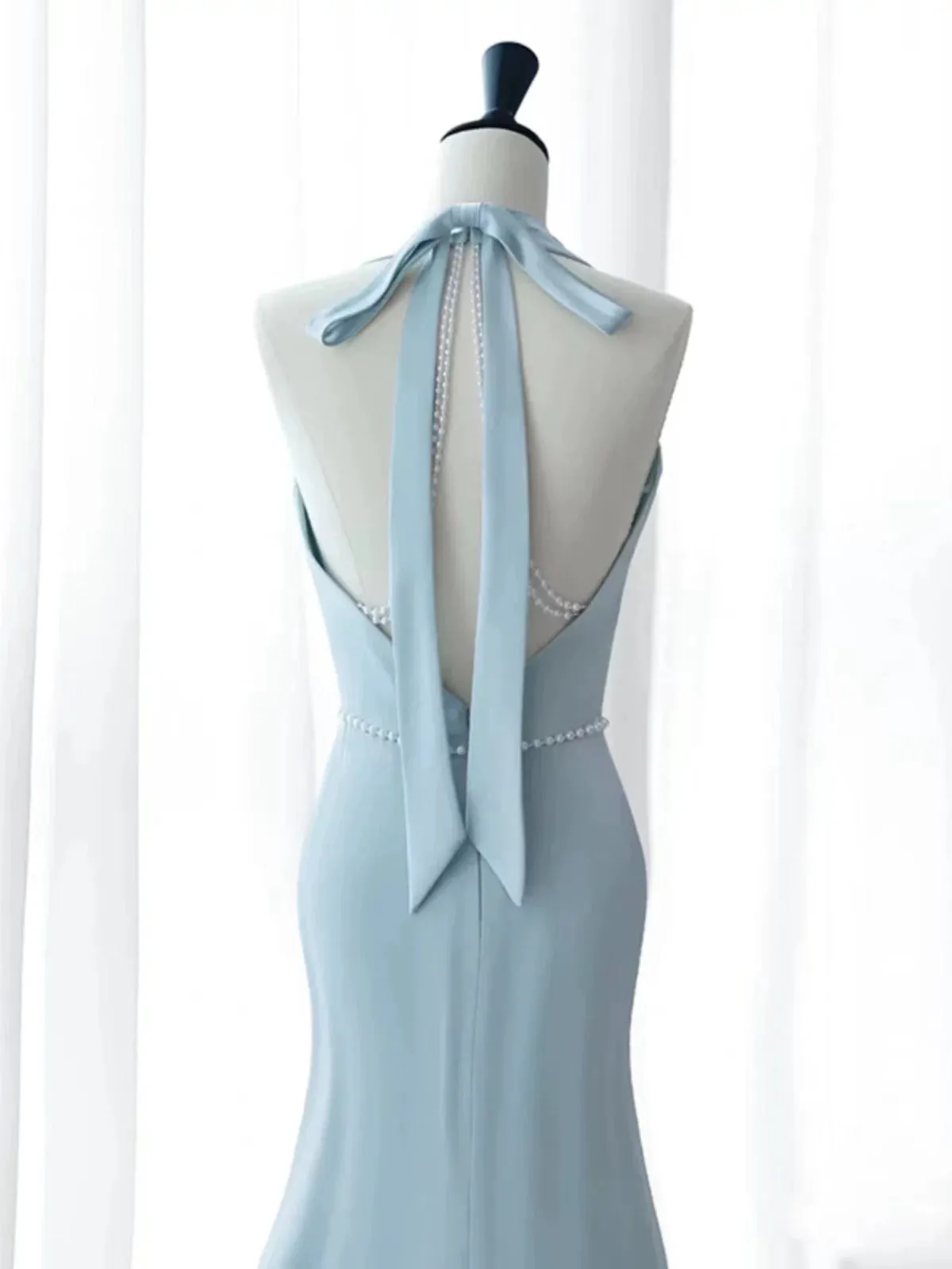 JazzHer Elegant Mermaid V Neckline Blue Backless Pearls Long Prom Dress Evening Dresses (PRE-ORDER)