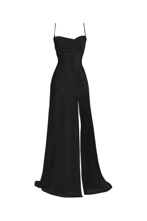 JazzHer Elegant Sheath Spaghetti Straps Black Slit Long Prom Dresses Formal Dress (PRE-ORDER)