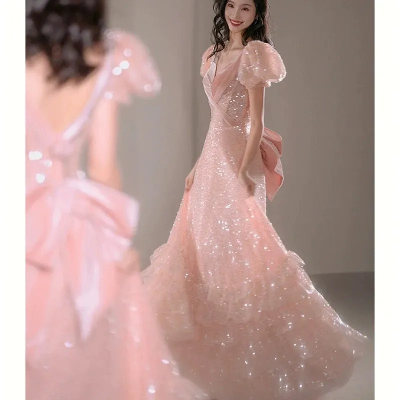 JazzHer Gorgeous A Line Sweetheart Sequin Pink Long Evening Dress Prom Dresses Birthday Outfits (PRE-ORDER)