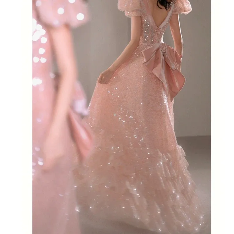 JazzHer Gorgeous A Line Sweetheart Sequin Pink Long Evening Dress Prom Dresses Birthday Outfits (PRE-ORDER)