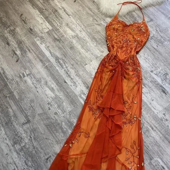 JazzHer Gorgeous Mermaid Halter Orange Long Tulle Prom Dresses Beads Evening Dress (PRE-ORDER)