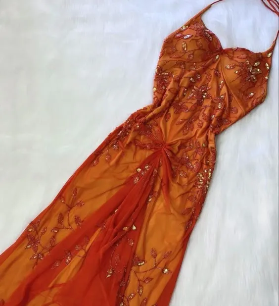 JazzHer Gorgeous Mermaid Halter Orange Long Tulle Prom Dresses Beads Evening Dress (PRE-ORDER)