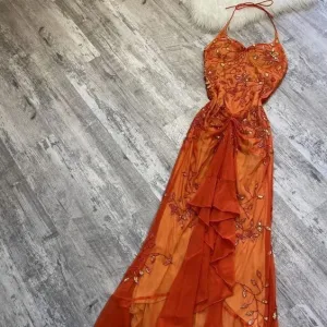 JazzHer Gorgeous Mermaid Halter Orange Long Tulle Prom Dresses Beads Evening Dress (PRE-ORDER)