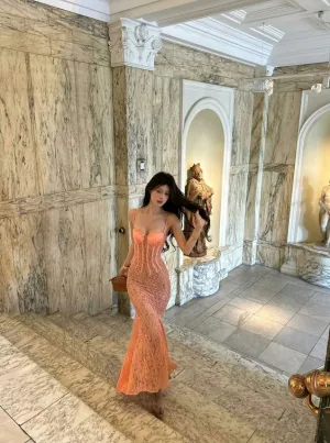 JazzHer Gorgeous Mermaid Spaghetti Straps Lace Orange Long Prom Dresses Evening Dress (PRE-ORDER)