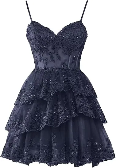 JazzHer Homecoming Dresses for Teens Sparkly Tulle Lace Applique Tiered A-line Formal Short Mini Homecoming Dress (PRE-ORDER)