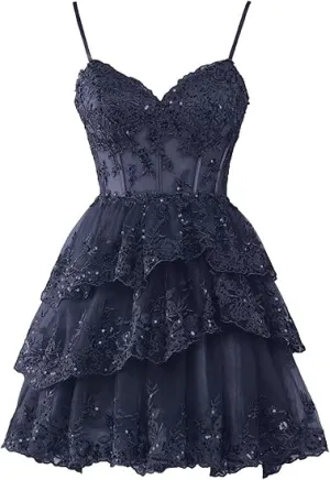 JazzHer Homecoming Dresses for Teens Sparkly Tulle Lace Applique Tiered A-line Formal Short Mini Homecoming Dress (PRE-ORDER)